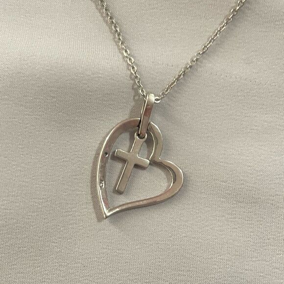 Heart Cross Pendant Silver Tone Necklace - Picture 4 of 5